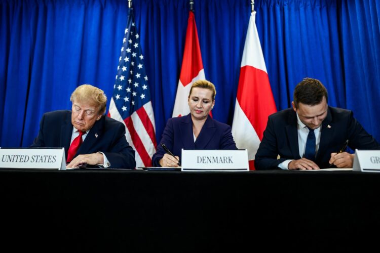 President Donald J. Trump participates in a trilateral signing ceremony with Prime Minister Mette Frederiksen of Denmark and Prime Minister Jans-Frederik Nielsen of Greenland, Tuesday, September 22, 2026, at United Nations Headquarters in New York City. (Official White House Photo by Daniel Torok)