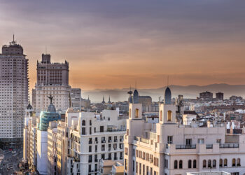 Beautiful view of the central area and Gran Via street in the city of Madrid, Spain