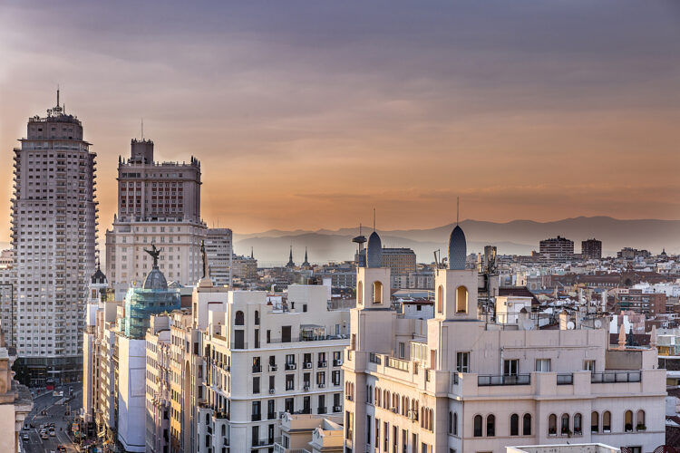 Beautiful view of the central area and Gran Via street in the city of Madrid, Spain