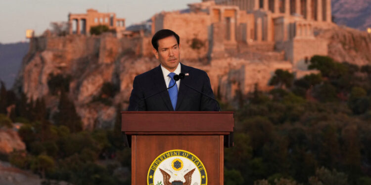 US Secretary of State Marco Rubio speaks at the Pnyx hill, where ancient Athenians held democratic assemblies, with the ancient Parthenon temple atop the Acropolis in the background, in Athens, Greece October 7, 2026. Mark Schiefelbein/Pool via REUTERS