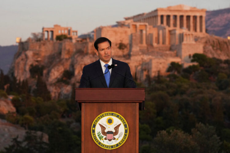 US Secretary of State Marco Rubio speaks at the Pnyx hill, where ancient Athenians held democratic assemblies, with the ancient Parthenon temple atop the Acropolis in the background, in Athens, Greece October 7, 2026. Mark Schiefelbein/Pool via REUTERS