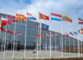 NATO headquarters in Brussels with 32 flags