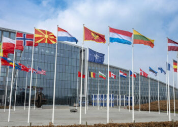 NATO headquarters in Brussels with 32 flags